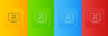 Renkli arka planda izole edilmiş uçak seyahat ikonu olan beyaz konuşma balonu. Uçak nakil işareti. Tatil sembolü. Kare düğmelere simgeleri yerleştir. Vektör.