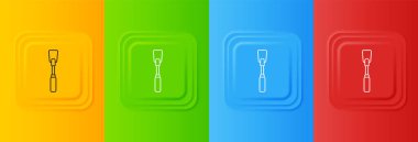 Renkli arka planda beyaz deri kamçı simgesi izole edilmiş. Fetiş aksesuarı. Yetişkinler için seks oyuncağı. Kare düğmelere simgeleri yerleştir. Vektör.