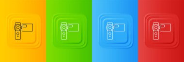 Beyaz Sinema kamera simgesi renkli arkaplanda izole edildi. Video kamera. Film tabelası. Film projektörü. Kare düğmelere simgeleri yerleştir. Vektör.