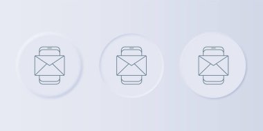 Gri mobil ve zarf, yeni mesaj, gri arkaplanda izole edilmiş posta simgesi. E-posta bültenleri, başlıklar, blog yazıları için kullanım. Kare düğmelere simgeleri yerleştir. Vektör.