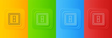 Renkli arkaplanda beyaz elektrik düğmesi simgesi izole edildi. Açık ve kapalı simgesi. Loş ışık düğmesi işareti. Enerji tasarrufu kavramı. Kare düğmelere simgeleri yerleştir. Vektör.