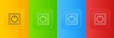 Renkli arkaplanda beyaz elektrik düğmesi simgesi izole edildi. Açık ve kapalı simgesi. Loş ışık düğmesi işareti. Enerji tasarrufu kavramı. Kare düğmelere simgeleri yerleştir. Vektör.