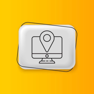 Siyah Bilgisayar monitörü ve katlanmış harita, sarı arkaplanda izole edilmiş konum imleci simgesi. Gümüş dikdörtgen düğme. Vektör.