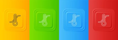 Beyaz Meteoroloji termometresi renkli arkaplanda izole edilmiş ikonu ölçüyor. Termometre termometresi sıcak ya da soğuk hava gösteriyor. Kare düğmelere simgeleri yerleştir. Vektör.