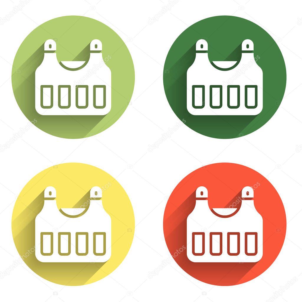 Set Bulletproof vest for protection from bullets icon isolated with long shadow background. Body armor sign. Military clothing. Color circle button. Vector.