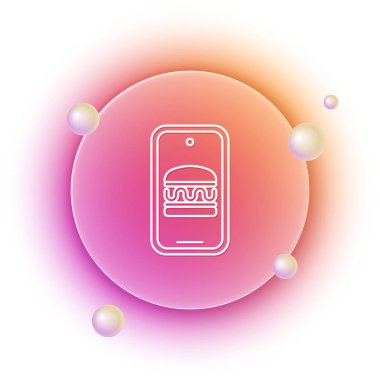 White Online sipariş ve fast food dağıtım ikonu beyaz arka planda izole edildi. Burger tabelası. Turuncu ve pembe eğimli çember arka planı. Vektör.