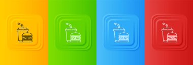 Beyaz kağıt bardak ve renkli arka planda izole edilmiş saman ve burger ikonu. Soda su içme tabelası. Hamburger, çizburger sandviçi. Kare düğmelere simgeleri yerleştir. Vektör.