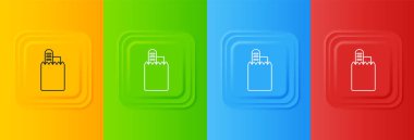 Beyaz Çevrimiçi sipariş ve fast food dağıtım ikonu renkli arka planda izole edildi. Kare düğmelere simgeleri yerleştir. Vektör.