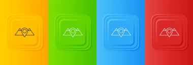 Beyaz Konum Dağları simgesi renkli arkaplanda izole edildi. Zaferin ya da başarının sembolü. Kare düğmelere simgeleri yerleştir. Vektör.