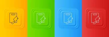 Beyaz kesme tahtası ve et helikopter simgesi renkli arka planda izole edildi. Kasap bıçağı. Tahta kesme sembolü. Kare düğmelere simgeleri yerleştir. Vektör.