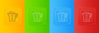 Renkli arka planda izole edilmiş bir ölçü kabında beyaz yıkama tozu. Kare düğmelere simgeleri yerleştir. Vektör.