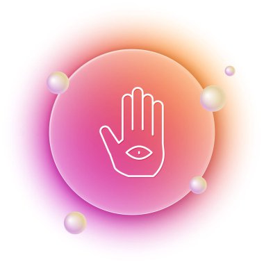 Beyaz Hamsa el simgesi beyaz arkaplanda izole edildi. Fatima 'nın eli - muska, şeytanın gözünden korunmanın sembolü. Turuncu ve pembe eğimli çember arka planı. Vektör.