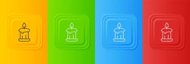 Renkli arka planda izole edilmiş şamdan ikonunda yanan beyaz mum. Eski moda yanan mum. Silindirik mum çubuğu ve yanan ateş. Kare düğmelere simgeleri yerleştir. Vektör.