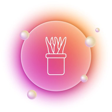 Beyaz bitki, beyaz arka planda izole edilmiş tencere simgesinde. Tencerede yetişen bir bitki. Saksı bitkisi işareti. Turuncu ve pembe eğimli çember arka planı. Vektör.