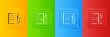 Beyaz alışveriş listesi ve renkli arka planda izole edilmiş kalem simgesi. Kare düğmelere simgeleri yerleştir. Vektör.