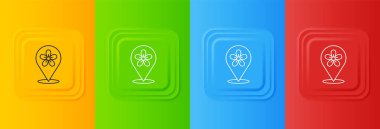 Renkli arkaplanda çiçek simgesi olan beyaz konum. Kare düğmelere simgeleri yerleştir. Vektör.