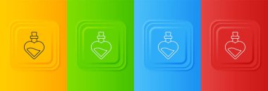 Renkli arka planda izole edilmiş aşk iksiri ikonu olan beyaz şişe. Sevgililer Günü sembolü. Kare düğmelere simgeleri yerleştir. Vektör.