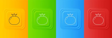 Renkli arkaplanda beyaz domates simgesi izole edildi. Kare düğmelere simgeleri yerleştir. Vektör.