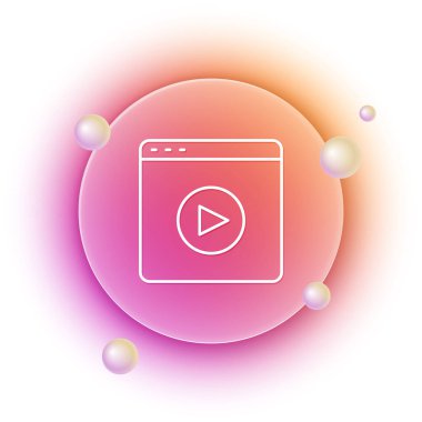 Beyaz arkaplanda izole edilmiş White Online video oynatma simgesi. Oyun işaretli film şeridi. Turuncu ve pembe eğimli çember arka planı. Vektör.