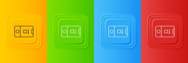 Renkli arka planda izole edilmiş kamera simgesine sahip beyaz cep telefonu. Mobil uygulama uygulaması. Fotoğraf ve video çekimi. Kare düğmelere simgeleri yerleştir. Vektör.