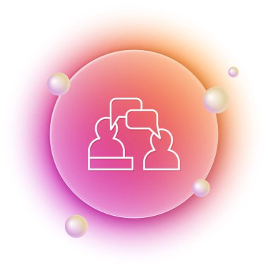 Beyaz İki Oturan Adam konuşan ikon beyaz arka planda izole. Konuşma balonu sohbeti. İleti simgesi. İletişim ya da yorum sohbet sembolü. Turuncu ve pembe eğimli çember arka planı. Vektör.