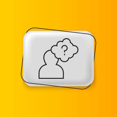 Sarı arka planda soru işareti simgesi olan siyah insan kafası. Gümüş dikdörtgen düğme. Vektör.