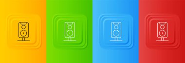 Beyaz Stereo hoparlörü simgesi renkli arkaplanda izole edildi. Ses sistemi hoparlörleri. Müzik ikonu. Müzikal sütun hoparlörü. Kare düğmelere simgeleri yerleştir. Vektör.