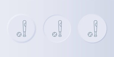 Gri arkaplanda top ikonu olan gri beyzbol sopası. Kare düğmelere simgeleri yerleştir. Vektör.