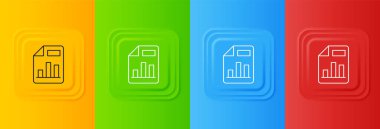 Renkli arkaplanda izole edilmiş grafik grafik simgesine sahip beyaz belge. Metin dosya simgesini rapor et. Muhasebe tabelası. Denetim, analiz, planlama. Kare düğmelere simgeleri yerleştir. Vektör.
