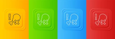 Beyaz. Renkli arka planda izole edilmiş tavuk budu ikonu yok. Fast food yasak - vejetaryen yiyecekler. Kare düğmelere simgeleri yerleştir. Vektör.