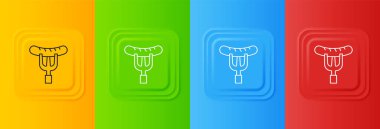 Çatal simgesindeki beyaz sosis renkli arkaplanda izole edilmiş. Izgara sosis ve aroma işareti. Kare düğmelere simgeleri yerleştir. Vektör.