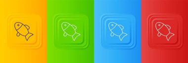 Beyaz Balık simgesi renkli arkaplanda izole edilmiş. Kare düğmelere simgeleri yerleştir. Vektör.