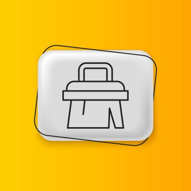 Sarı arkaplanda siyah sauna fırçası ikonu izole edildi. Banyoda yıkanmak için kaba kıllı ahşap bir fırça. Selülit önleyici masaj. Gümüş dikdörtgen düğme. Vektör.