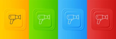 Renkli arka planda beyaz saç kurutma ikonu izole edildi. Saç kurutma makinesi tabelası. Saç kurutma sembolü. Sıcak hava üflüyor. Kare düğmelere simgeleri yerleştir. Vektör.