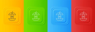 Beyaz Elma ana simgesi renkli arkaplanda izole edildi. Isırılmış elma sembolü. Elma koçanı silueti. Biyolojik ayrışma işareti. Kare düğmelere simgeleri yerleştir. Vektör.