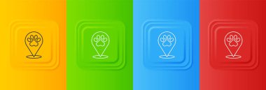 Renkli arka planda izole edilmiş hayvan ikonu için veterinerlik, klinik ya da evcil hayvan dükkanı olan beyaz harita işaretçisi. Veteriner kliniği. Kare düğmelere simgeleri yerleştir. Vektör.