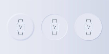 Gri akıllı saat, gri arkaplanda kalp atışı ikonunu gösteriyor. Fitness uygulaması konsepti. Kare düğmelere simgeleri yerleştir. Vektör.