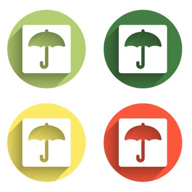 Şemsiye simgesini uzun gölge arkaplan ile izole et. Su geçirmez ikon. Koruma, güvenlik, güvenlik kavramı. Suya dayanıklı sembol. Renkli daire düğmesi. Vektör.