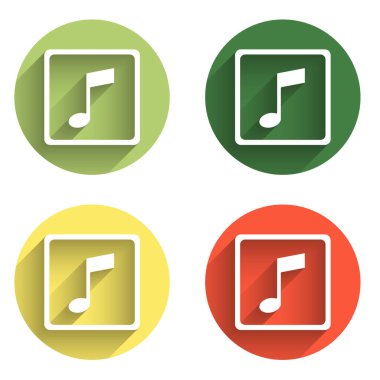 Müzik notası ve ton simgesi uzun gölge arkaplanı ile izole edildi. Renkli daire düğmesi. Vektör.