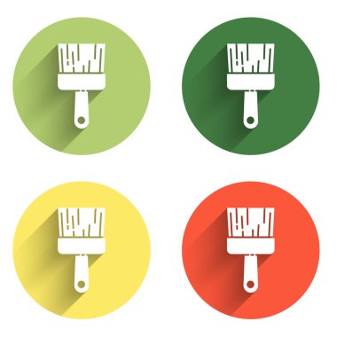 Boya fırçası simgesini uzun gölge arkaplanı ile izole et. Renkli daire düğmesi. Vektör.