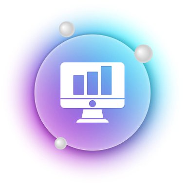 Beyaz arkaplanda grafik çizelgesi simgesi olan beyaz bilgisayar monitörü. Metin dosyasını rapor et. Muhasebe tabelası. Denetim, analiz, planlama. Mavi ve mor eğimli çember arkaplan. Vektör.