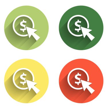 İmleç ve para simgesini uzun gölge arkaplanı ile izole et. Dolar ya da USD sembolü. Nakit bankacılık tabelası. Renkli daire düğmesi. Vektör.