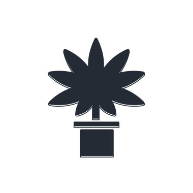 Siyah tıbbi marihuana ya da esrar bitkisi. Beyaz arka planda izole edilmiş bir esrar ikonu. Esrar yetiştirme konsepti. Kenevir saksısı. Vektör.