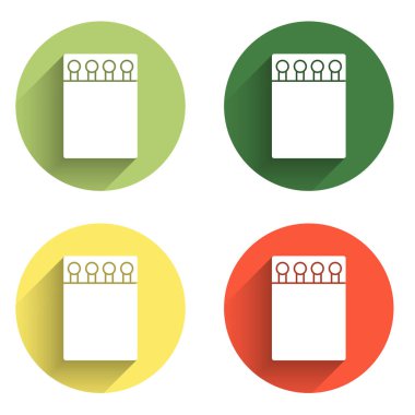 Kibrit kutusunu aç ve uzun gölge arkaplanı ile izole edilmiş eşleştirme simgesini ayarla. Renkli daire düğmesi. Vektör.