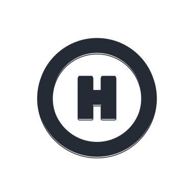 Siyah helikopter iniş pisti simgesi beyaz arka planda izole edildi. Helikopter pisti, alan, platform, H harfi. Vektör.