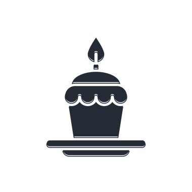 Beyaz zemin üzerinde yanan mum simgesi olan siyah pasta. Doğum günün kutlu olsun. Vektör.