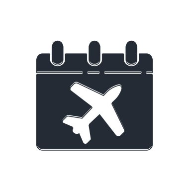 Siyah Seyahat Planlama Takvimi ve uçak simgesi beyaz arka planda izole edildi. Planlanmış bir tatil gezisi. Vektör.