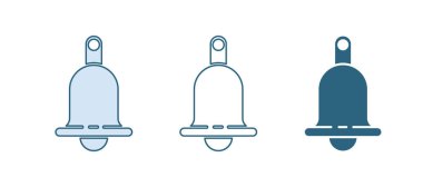 Mavi zil simgesi beyaz arkaplanda izole edildi. Alarm sembolü, servis zili, el zili işareti, uyarı sembolü. Vektör.