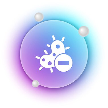 Beyaz arkaplanda beyaz negatif virüs simgesi var. Corona virüsü 2019-nCoV. Bakteri ve mikroplar, hücre kanseri, mikrop, mantar. Mavi ve mor eğimli çember arkaplan. Vektör.