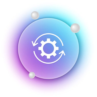 Beyaz Dişliler ve oklar iş akışı konsepti simgesi olarak beyaz arkaplanda izole edildi. Vites doldurma tabelası. Mavi ve mor eğimli çember arkaplan. Vektör.